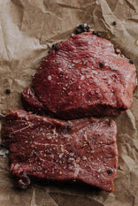 Two raw grass fed beef everyday steaks with seasoning